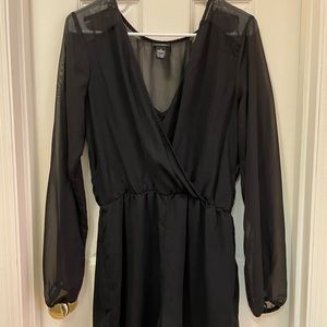 Rue 21 black shorts romper. Sheer(long) sleeves and upper chest/back.